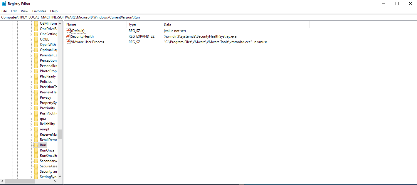 Run key in blank state — no persistence entries present (view 2)